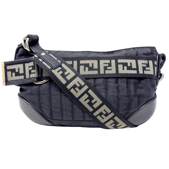 Fendi Baguette Bag FF Logo Zucca Shoulder Strap Black Leather Canvas Nylon Zip - Picture 2 of 11